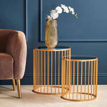 Avantis Gold Finish Set of 2 Round Side Tables with Vertical Bar Design