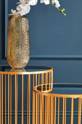 Avantis Gold Finish Set of 2 Round Side Tables with Vertical Bar Design