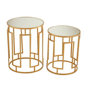 Avantis Gold Finish Set of 2 Round Side Tables with Column Design