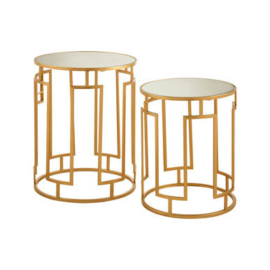 Avantis Gold Finish Set of 2 Round Side Tables with Column Design