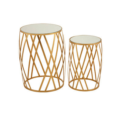 Avantis Gold Finish Set of 2 Round Side Tables with Diamond Design