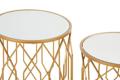 Avantis Gold Finish Set of 2 Round Side Tables with Geometric Design