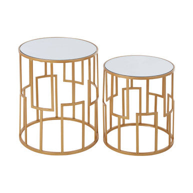 Avantis Gold Finish Set of 2 Round Side Tables with Art Deco Design