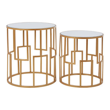 Avantis Gold Finish Set of 2 Round Side Tables with Art Deco Design