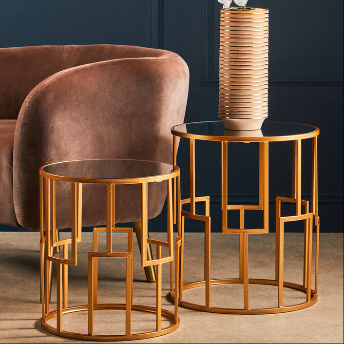 Avantis Gold Finish Set of 2 Round Side Tables with Art Deco Design