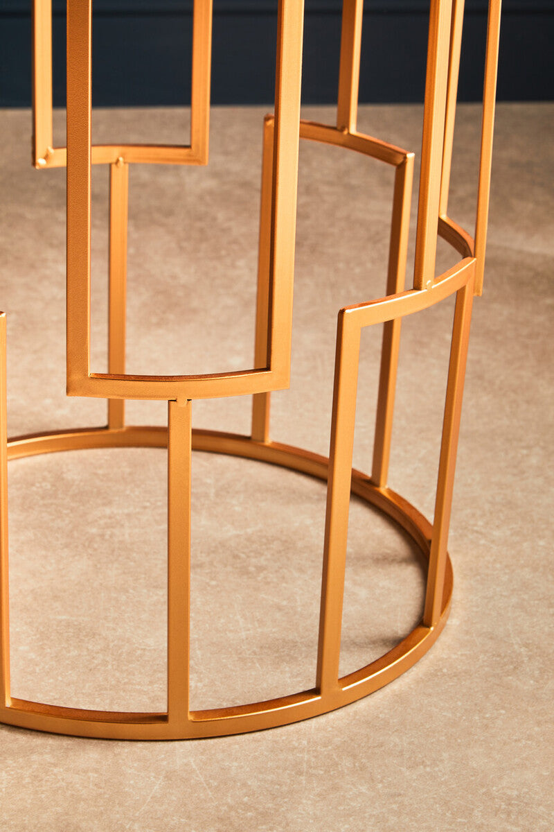 Avantis Gold Finish Set of 2 Round Side Tables with Art Deco Design