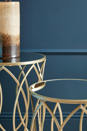 Avantis Gold Finish Set of 2 Round Side Tables with Petal Design