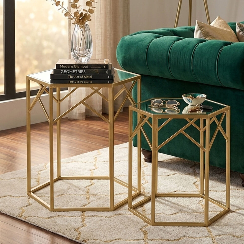 Avantis Champagne Finish Set of 2 Hexagonal Side Tables