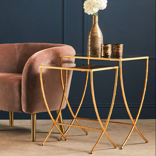 Avantis Gold Finish Set of 2 Rectangular Side Tables with Bamboo Design