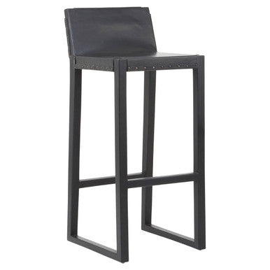 Kendari Black Leather and Teak Wood Bar Chair