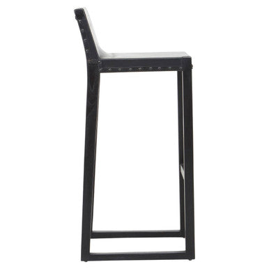 Kendari Black Leather and Teak Wood Bar Chair