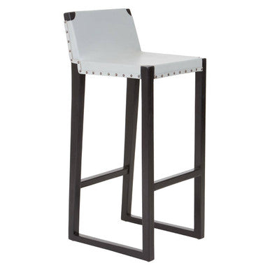 Kendari Grey Leather and Black Teak Wood Bar Chair