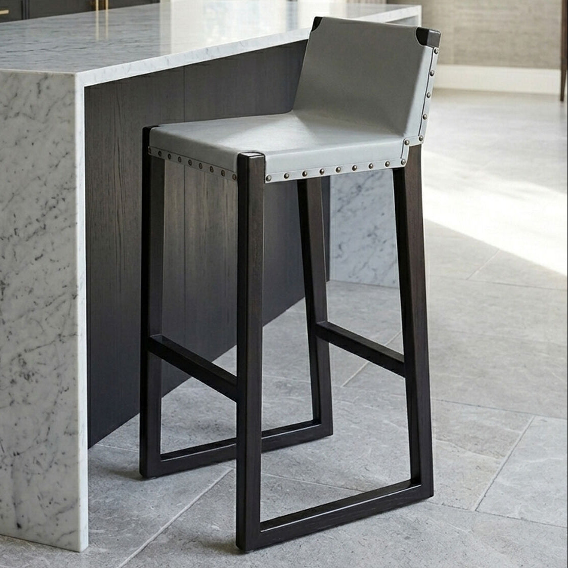 Kendari Grey Leather and Black Teak Wood Bar Chair