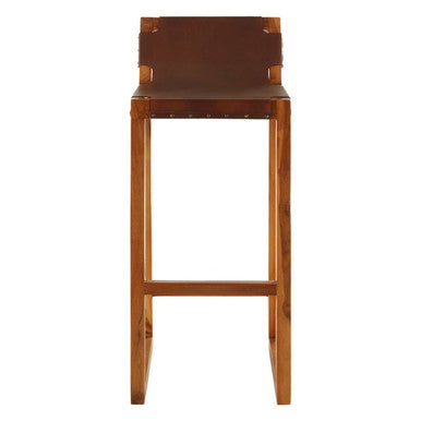 Kendari Brown Leather and Teak Wood Bar Chair