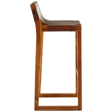 Kendari Brown Leather and Teak Wood Bar Chair
