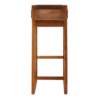 Kendari Brown Leather and Teak Wood Bar Chair