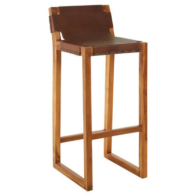Kendari Brown Leather and Teak Wood Bar Chair