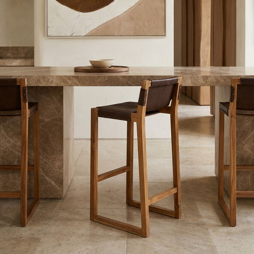 Kendari Brown Leather and Teak Wood Bar Chair