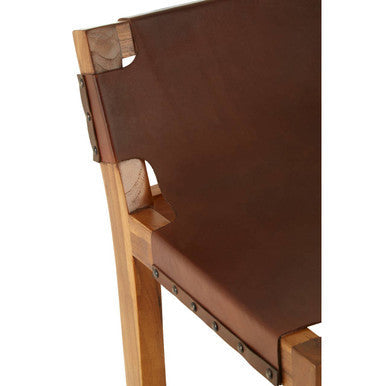 Kendari Brown Leather and Teak Wood Bar Chair