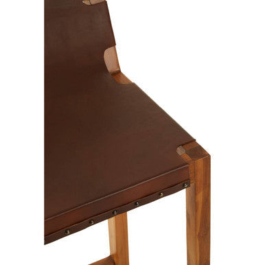 Kendari Brown Leather and Teak Wood Bar Chair