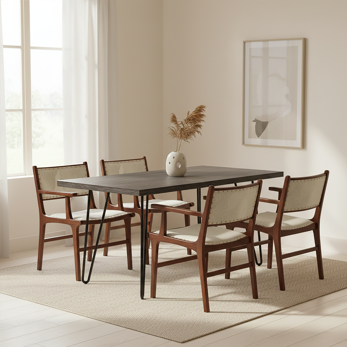 Kendari Natural Hair on Leather and Teak Wood Dining Chair