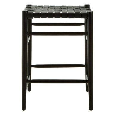 Kendari Black Woven Leather and Teak Wood Bar Stool