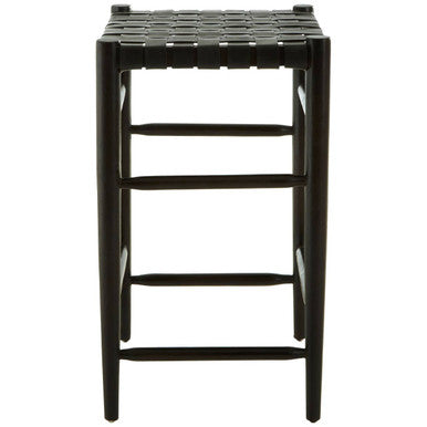 Kendari Black Woven Leather and Teak Wood Bar Stool