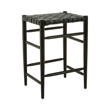 Kendari Black Woven Leather and Teak Wood Bar Stool
