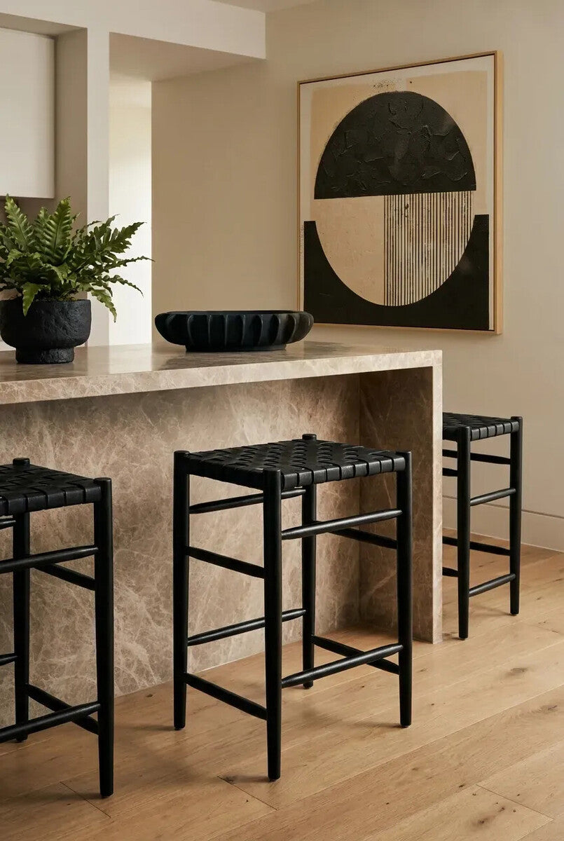 Kendari Black Woven Leather and Teak Wood Bar Stool
