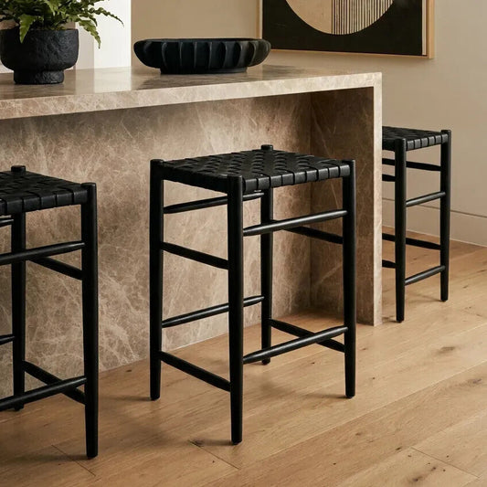 Kendari Black Woven Leather and Teak Wood Bar Stool