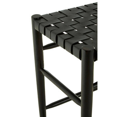 Kendari Black Woven Leather and Teak Wood Bar Stool