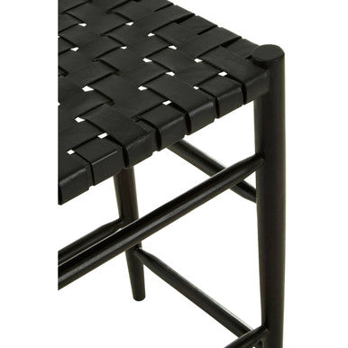 Kendari Black Woven Leather and Teak Wood Bar Stool