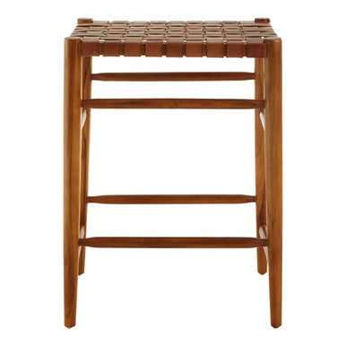 Kendari Brown Woven Leather and Teak Wood Bar Stool