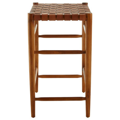 Kendari Brown Woven Leather and Teak Wood Bar Stool