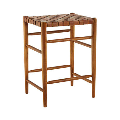 Kendari Brown Woven Leather and Teak Wood Bar Stool