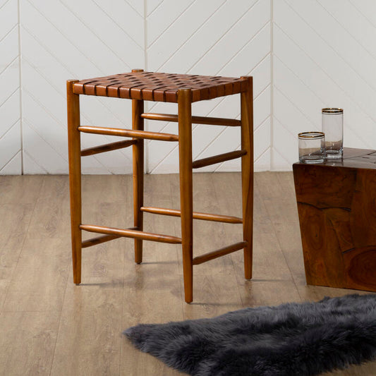 Kendari Brown Woven Leather and Teak Wood Bar Stool