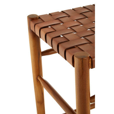 Kendari Brown Woven Leather and Teak Wood Bar Stool