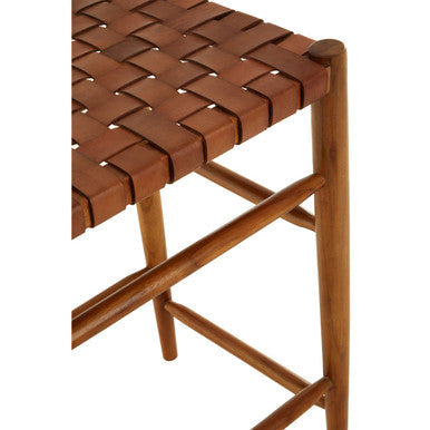 Kendari Brown Woven Leather and Teak Wood Bar Stool