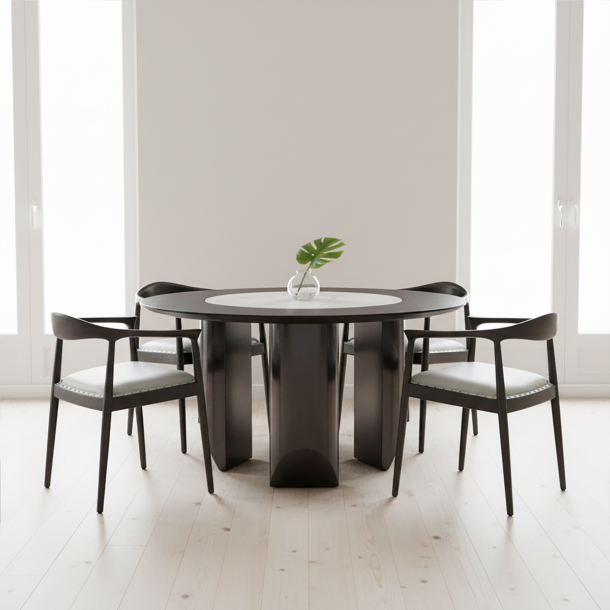 Kendari Grey Leather and Teak Wood Open Back Chair