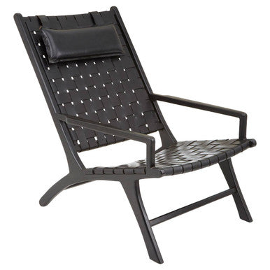 Kendari Black Woven Leather and Teak Wood Chair with Headrest
