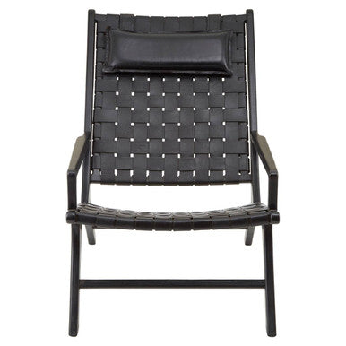 Kendari Black Woven Leather and Teak Wood Chair with Headrest