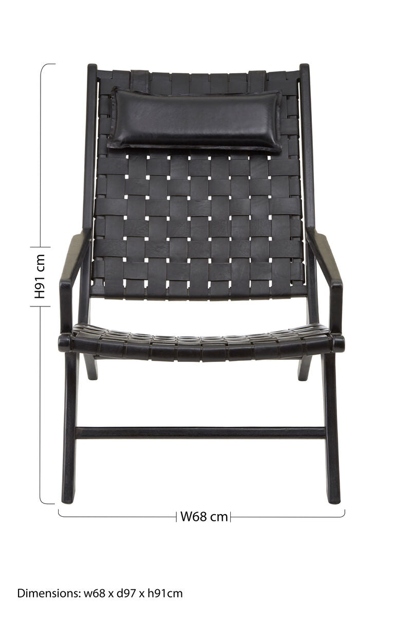 Kendari Black Woven Leather and Teak Wood Chair with Headrest