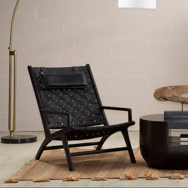 Kendari Black Woven Leather and Teak Wood Chair with Headrest