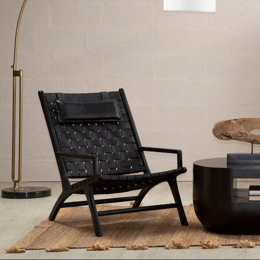 Kendari Black Woven Leather and Teak Wood Chair with Headrest