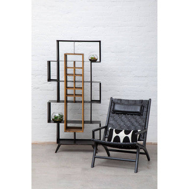 Kendari Black Woven Leather and Teak Wood Chair with Headrest