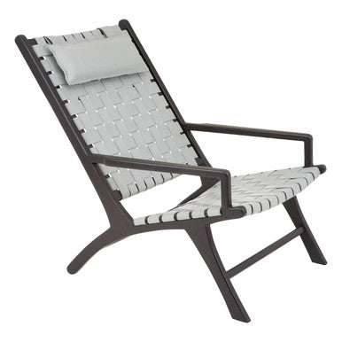 Kendari Grey Woven Leather and Black Teak Wood Chair with Headrest