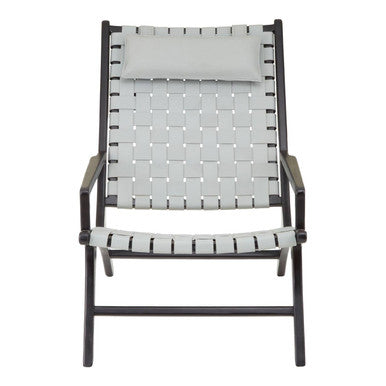 Kendari Grey Woven Leather and Black Teak Wood Chair with Headrest