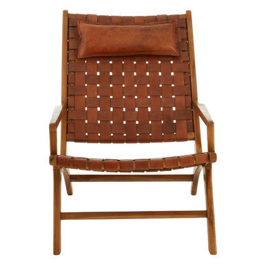 Kendari Brown Woven Leather and Teak Wood Chair with Head Cushion