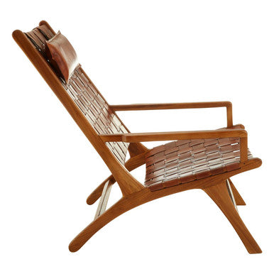 Kendari Brown Woven Leather and Teak Wood Chair with Head Cushion