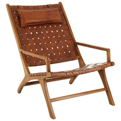 Kendari Brown Woven Leather and Teak Wood Chair with Head Cushion